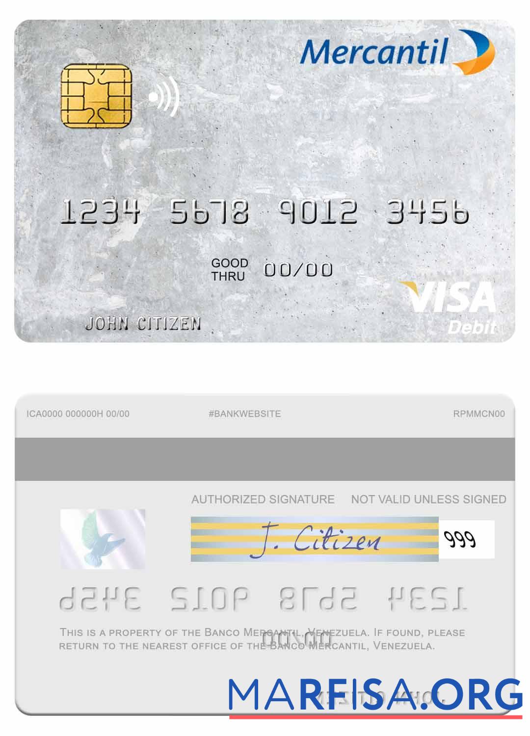 Blank Venezuela Banco Mercantil visa debit card sample